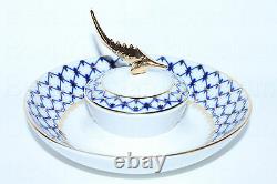 Russian Imperial Lomonosov Porcelain Dish for Caviar / Ikornitsa Cobalt Net Gold