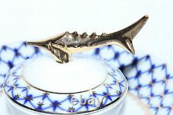 Russian Imperial Lomonosov Porcelain Dish for Caviar / Ikornitsa Cobalt Net Gold