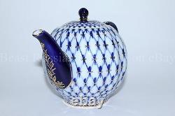 Russian Imperial Lomonosov Porcelain Hard Teapot Tulip Cobalt Net Gold RARE Lfz
