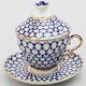 Russian Imperial Lomonosov Porcelain Lidded Cup And Saucer Cobalt Net Gold New