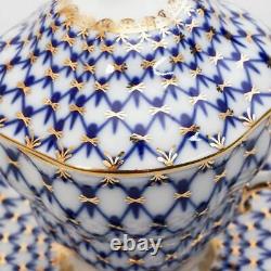 Russian Imperial Lomonosov Porcelain Lidded Cup and Saucer Cobalt Net Gold NEW