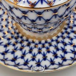 Russian Imperial Lomonosov Porcelain Lidded Cup and Saucer Cobalt Net Gold NEW