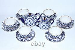 Russian Imperial Lomonosov Porcelain Tea Set Cobalt Net 6/14 22k Gold Original