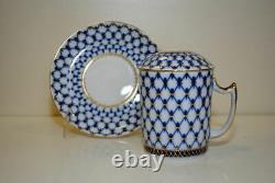 Russian Imperial Lomonosov Porcelain Teapot and Mug Cobalt Net, 22k Gold, NEW