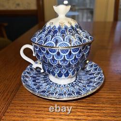 Russian Lomonosov Cobalt blue white tea cup saucer cover lid gold trim