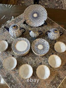 Russian Lomonosov Porcelain Tea Set Cobalt Net 6/22 22k gold Original