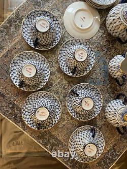 Russian Lomonosov Porcelain Tea Set Cobalt Net 6/22 22k gold Original