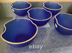 SASAKI GLASS Co JAPAN Blue Cobalt Art Glass Set Of 5 Bowls with Gold Tone Rim NOS