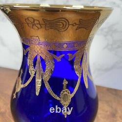 SC Line Italy Venitian Gold Encrust Hurricane Bouquet Vase Cobalt Blue Art Glass