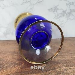 SC Line Italy Venitian Gold Encrust Hurricane Bouquet Vase Cobalt Blue Art Glass