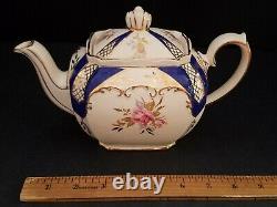 Sadler Cube Teapot #2898 Pink Roses, Cobalt Blue and Gold Trim Made in England