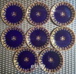 Set Of 8 Antique Sarreguemines Cobalt Blue 8 Plates Gold Gilt Free Shipping