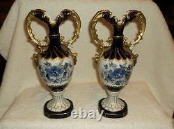 Set Of Royal Dux Porcelain Cobalt Blue & Gold Floral Decorated Flowers Vases