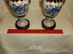 Set Of Royal Dux Porcelain Cobalt Blue & Gold Floral Decorated Flowers Vases