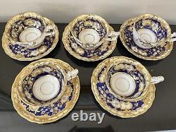 Set of 6 Antique English New Chelsea Cobalt Gold cup saucers 4715 Morning Glory
