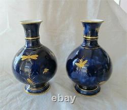 Sevres Porcelain Vase x 2 Royal Blue Cobalt Gold Insects Antique Superb 1848