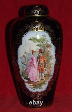 Signed Dresden Lidded Urn Vase Cobalt & Gold Hand Painted Victorian Germany