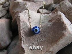 Solid 14K Gold Evil Eye Necklace with Tiny Small Cobalt Blue Murano Bead, Dainty