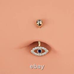 Solid 14K Gold Round Cut Natural Sapphire Bezel & Diamond Evil Eye Belly Button