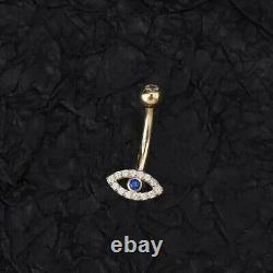 Solid 14K Gold Round Cut Natural Sapphire Bezel & Diamond Evil Eye Belly Button