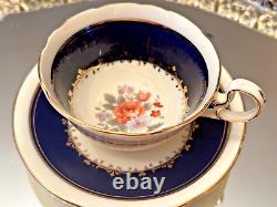 Splendid Vtg England Bone China Flowered AYNSLEY CUP & SAUCER Cobalt Blue & Gold