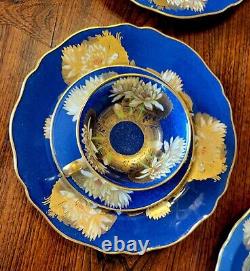 Spode Chinoiserie Cobalt Gold Encrusted Tea Cup Saucer Trio Dessert 8 Set Lotus