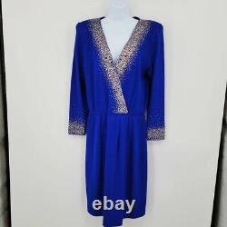 St. John Evening Cobalt Blue Santana Knit Silver Gold Embellished Dress 12