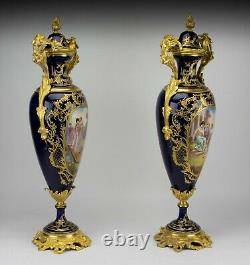 Stunning 19C French Pair Sevres Porcelain Gilt Bronze Vases Signed