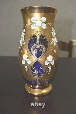 Stunning Egermann Czech Bohemian Cobalt Blue Gold Enamel Flowers Large Vase 21cm