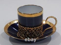 Stunning Limoges COBALT BLUE & GOLD COFFEE CUP & SAUCER with Fitted Metal Holder