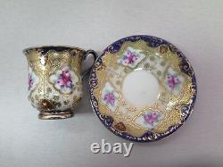 Stunning Vintage Cup And Saucer Flow Blue Cobalt Gold Moriage Pink Roses