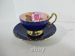 Teacup Saucer Aynsley Cabbage Rose Cobalt Blue Gold Accents Vtg England 2 pcs