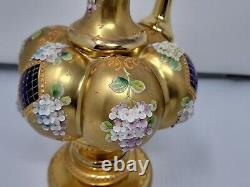 Trefouchi Cobalt Blue Gold Glass Decanter with Floral Applique Late 1800s