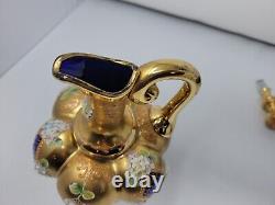 Trefouchi Cobalt Blue Gold Glass Decanter with Floral Applique Late 1800s