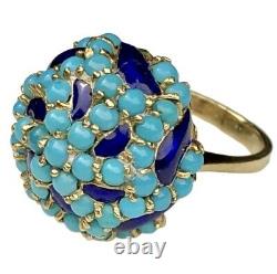 Turquoise Cabochon Cobalt Blue Enamel Cluster 18K Yellow Gold Domed Bombe Ring