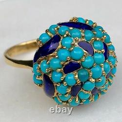 Turquoise Cabochon Cobalt Blue Enamel Cluster 18K Yellow Gold Domed Bombe Ring