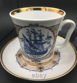 Two (2) Vintage Cobalt Blue & White Nautical Cups / Mug Saucers Lomonosov USSR