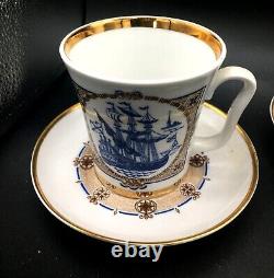 Two (2) Vintage Cobalt Blue & White Nautical Cups / Mug Saucers Lomonosov USSR