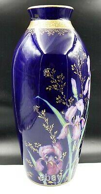 UNIQUE FRENCH ART NOUVEAU Limoges Orchids Vase Cobalt Blue Porcelain & Gold
