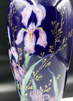 UNIQUE FRENCH ART NOUVEAU Limoges Orchids Vase Cobalt Blue Porcelain & Gold