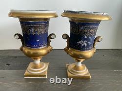 Urns (2) Antique Cobalt Blue Gold Porcelain Very Old Two Piece Lion Heads Handle