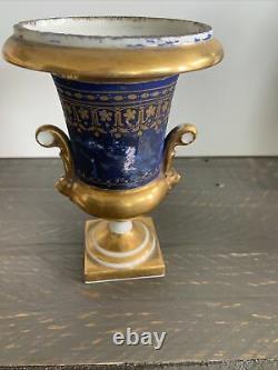 Urns (2) Antique Cobalt Blue Gold Porcelain Very Old Two Piece Lion Heads Handle