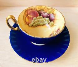 Used Aynsley Teacup & Saucer Orchard Gold Fruits Cobalt Blue #P120