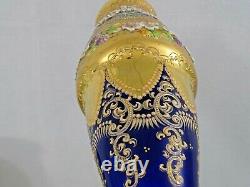VERY LARGE PAIR of ANTIQUE BOHEMIAN COBALT BLUE GLASS VASES GOLD / ENAMEL Moser