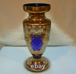 VINTAGE BOHEMIAN CZECH GOLD COBALT BLUE GLASS VASE FLORAL ENAMEL 24K Gold -MINT