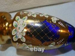 VINTAGE BOHEMIAN CZECH GOLD COBALT BLUE GLASS VASE FLORAL ENAMEL 24K Gold -MINT