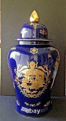 VTG Fine Porcelain 25 Tall Lidded Urn Vase Victorian Couple Cobalt Blue & Gold