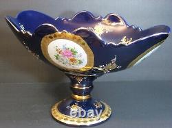 VTG Large Cobalt Blue Pedestal Bowl/Centerpiece 14.5 Gold, Floral Cameos Mint