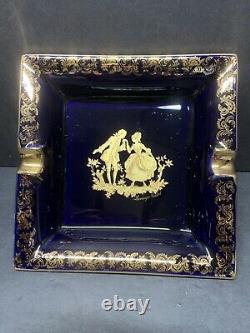 VTG Limoges Castel France Porcelain 22k Gold & Cobalt Blue Ashtray Set Of 4