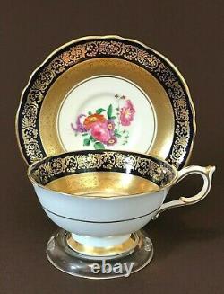 VTG Paragon Gold Encrusted Filigree Cobalt Blue Rose Tea Cup Saucer Queen & Mary